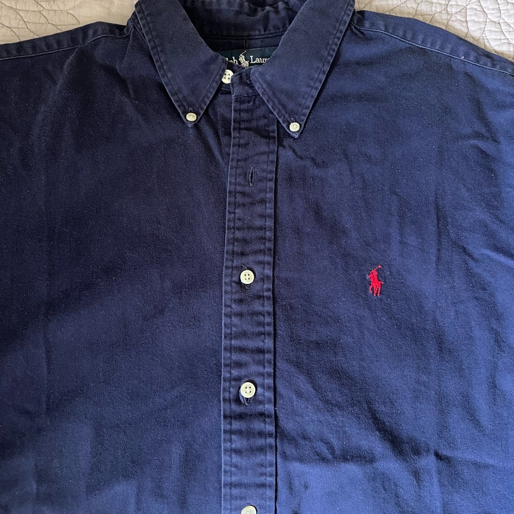 XL Vintage Ralph Lauren Men's Navy Blue Cotton Button Down Shirt with red pony